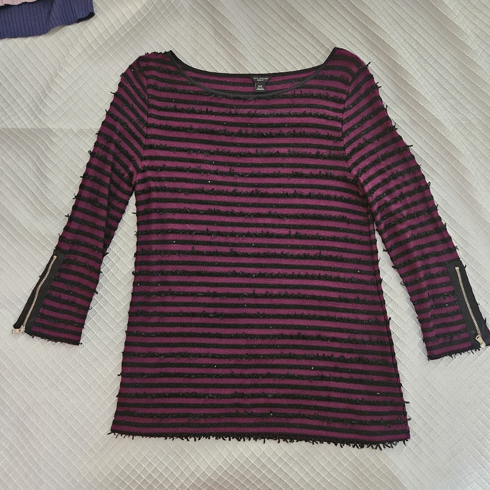 Ann Taylor Petite Raspberry & Black Striped Fringed Tunic Top